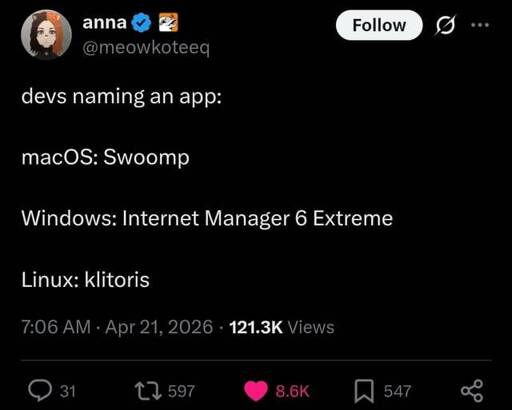 devs naming an app:

macOS: Swoomp

Windows: Internet Manager 6 Extreme

Linux: klitoris